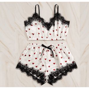 Women's Heart Print Lace Trim Pajama Set